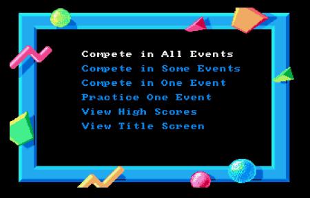 Hauptmenü von California Games mit den Auswahlmöglichkeiten. Im Neon-Stil der 80er-Jahre gehalten.