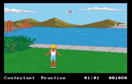 Hauptmenü von California Games mit den Auswahlmöglichkeiten. Im Neon-Stil der 80er-Jahre gehalten.