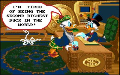 Der Wettstreit beginnt, als Mc Moneysack das Büro von Dagobert betritt.