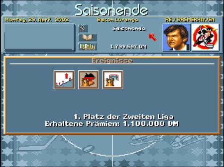 Der Saisonende Bildschirm gibt Information über das erreichte. In diesem Fall den ersten Platz der 2.Liga und die erhaltnen Prämien.