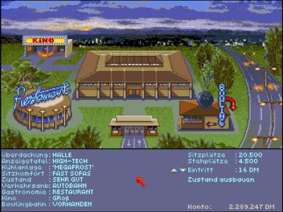 Ein maximal ausgebautes Stadion. Platz für 25000 Zuschauer in der Halle, mit Autobahnanbindung, einer Bowlinghalle, Restaurant und großem Kino.