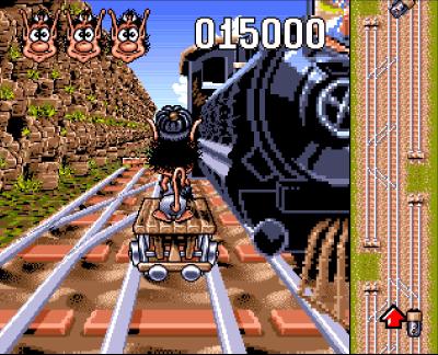 Hugo und die Draisine sind auf den Schienen unterwegs. Hier müssen wir Geldsäcke einsammeln und den entgegenkommenden Zügen ausweichen.