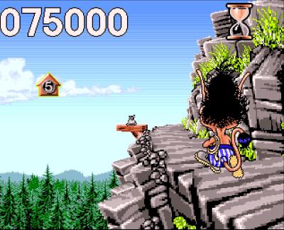 Auch das Bergsteigen ist in Hugo einfach. Nebenbei können wir über Seitensprünge noch Geldsäcke holen und unseren Highscore pushen.