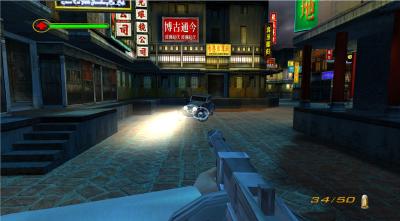 Wir sind auf einer Rikscha und erwehren uns mit einer Tommy-Gun gegen Autos und Motorräder.