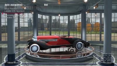 Im Hauptmenü dürfen wir uns auch die Autos aus dem Spiel in eime Salon anschauen - inklusive den Fahrwerten.