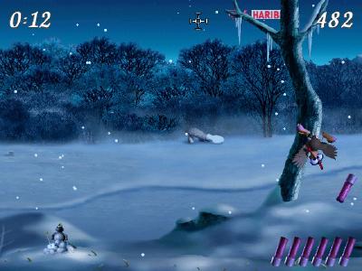 Das war wohl ein Treffer. Das Moorhuhn fällt herab, der Spieler muss aber vorsichtig sein, hier nicht das Haribo Flugzeug abzuschießen, das gibt Minuspunkte, aber dafür etwas Extrazeit.