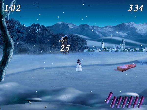 Der klassische Moorhuhn Bildschirm. Wir müssen auf dem nach links und rechts scrollbaren Bildschirm die Moorhühner treffen.