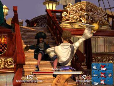 Im Kampf mit dem bösen Baron Raymondo. Wir wissen, dass er böse ist, denn es steht über seinem Schiff!