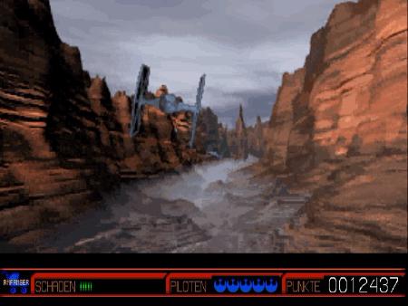 Ein Tie Fighter fliegt durch eine enge Schlucht.