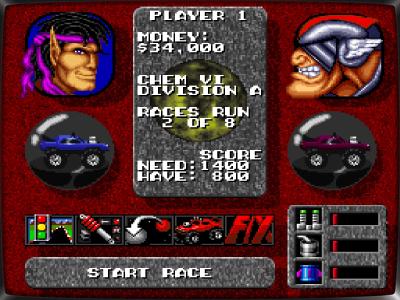 Zwischen den Rennen sehen wir, wie viele der benötigten Punkte wir schon erreicht haben und wie viel Geld wir haben. Das können wir dann ausgeben, um entweder ein neues Fahrzeug zu kaufen oder um unseres aufzurüsten.