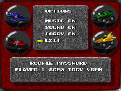 In den Optionen können wir frevlerischer Weise sogar die Musik, den Sound oder den Kommentar ausmachen. Alles Dinge, die ein echter Rock ‘n Roll Racing-Fan natürlich nie machen würde.