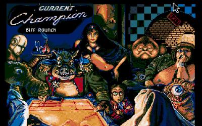 Der Gegner-Auswahl Bilderschirm des Spiels. Biff ist der sympathische Typ mit der Sonnenbrille rechts und aktueller Champion.