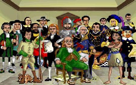 Das Bild zeigt die angehörigen des Kontinentalkongresses in cartoon-haftiger Darstellung in einem Saal.