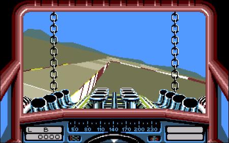 Bild aus der Amiga-Version von Stunt Car Racer, der Wagen wird vor dem Rennen auf der Strecke gehoben.