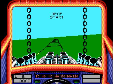 Bild aus der PC-Version von Stunt Car Racer, der Wagen wird auf die Strecke gehoben.