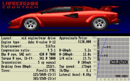 Das Bild zeigt die Leistungsdaten des Lamborghini.