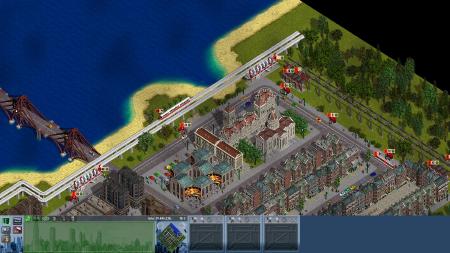 Auf dem Bild ist eine amerikanisch Stadt mit Straßenbahnen, Magentschwebebahn und Schwebebahn zu sehen.