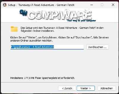 An sich findet die Installation das Verzeichnis von selbst, auf diesem Bildschirm kann man dies aber überprüfen. Hier ist das Spiel nach "F:\gog\Runwawy - A Road Adventure" installiert