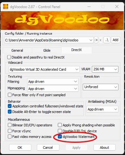 Im Control Panel auf den Reiter DirectX klicken und dann die Option dgVoodoo Watermark deaktivieren, Apply klicken und dann OK.
