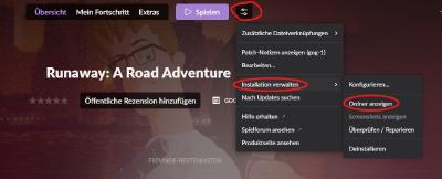 Wenn du die GoG-Galaxy-Version spielst, wähle das Spiel aus, klicke einfach auf den Regler und wähle dann Installation verwalten und im Ordner anzeigen und das Verzeichnis, indem sich das Spiel befindet, öffnet sich.
